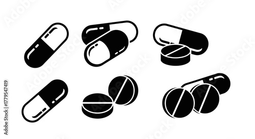 A collection of black and white icons representing various pills and capsules, symbolizing medication and healthcare.