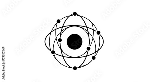 Atom model with nucleus and orbiting electrons, representing science and technology.
