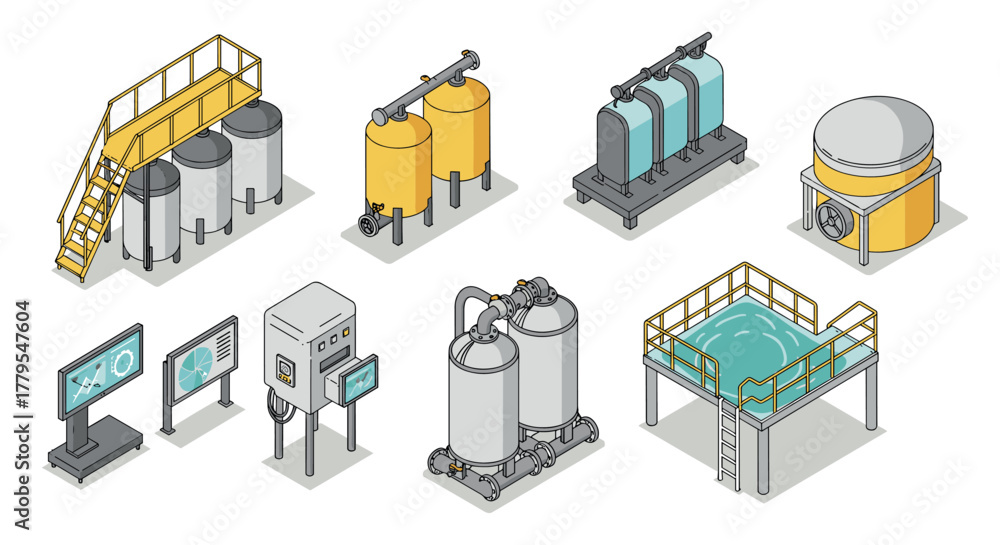 Fototapeta premium Isometric industrial machinery set with tanks, pipes, and control panels