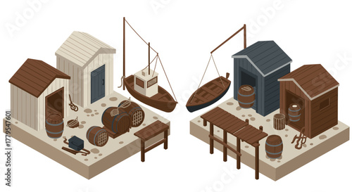Isometric fishing dock with boats and storage sheds in a rustic maritime scene