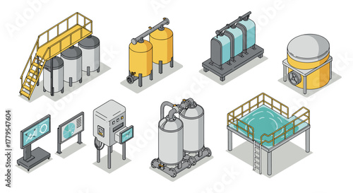 Isometric industrial machinery set with tanks, pipes, and control panels