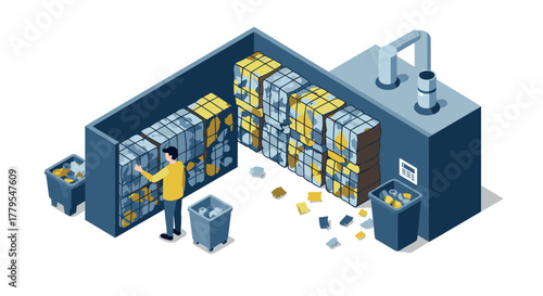 Isometric warehouse logistics with worker sorting boxes and packaging materials