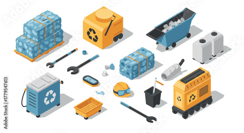 Isometric recycling plant icons featuring machinery and tools for waste management