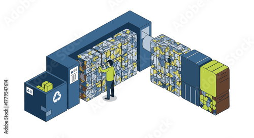 Isometric recycling process cardboard baling machine in action