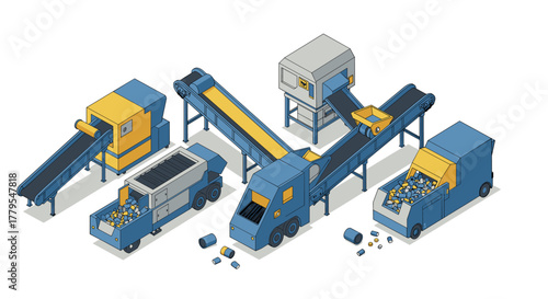 Isometric recycling factory assembly line with sorting and conveyor systems