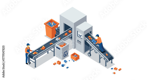 Isometric factory conveyor process with workers sorting boxes