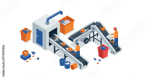 Isometric factory assembly line with workers and conveyor belts