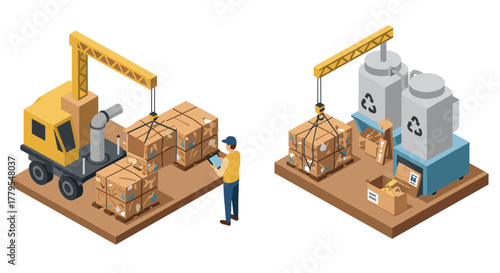 Recycling logistics isometric ecofriendly industrial process with crane and worker