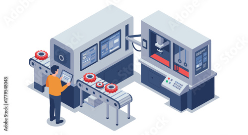 Modern isometric factory technology with automated machinery and engineer