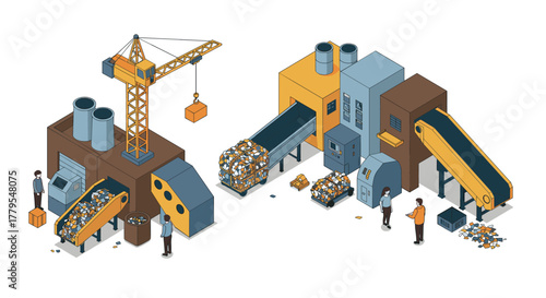 Isometric waste management factory with workers and machinery in operation