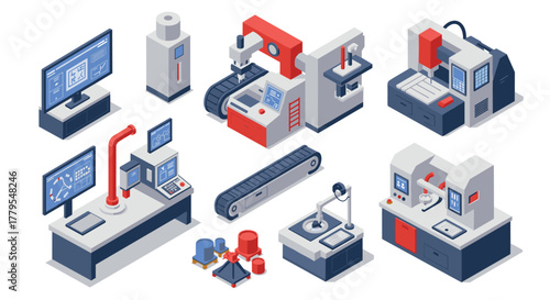 Isometric factory equipment and automation setup on white background