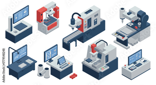 Isometric cnc machinery and computer workstations for manufacturing environments