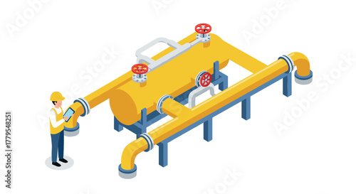 Industrial worker inspecting isometric pipeline system with safety equipment