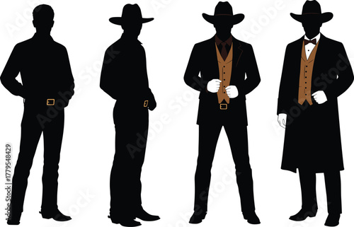 Western cowboy silhouettes, vintage ranch fashion, formal rodeo attire, hat and vest outfit, wild west character design, western costume reference