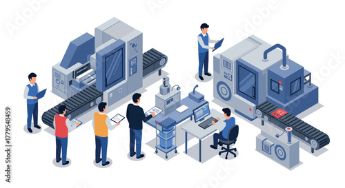 Isometric factory automation with workers and advanced machinery
