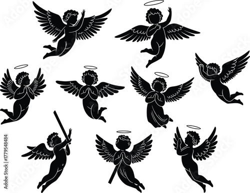 Obraz na plátně Flying cherub silhouettes with halos and wings, angelic vector icons in various