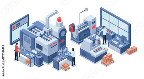 Isometric factory workflow with modern automated industrial machines and workers