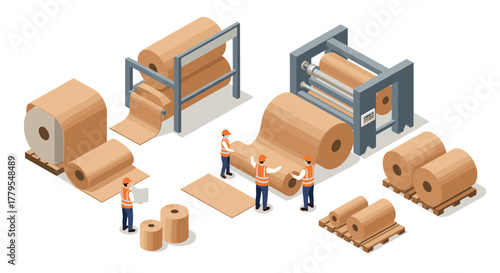 Isometric paper manufacturing process with industrial machinery and workers