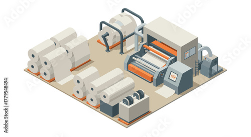 Modern isometric paper production facility with machinery and equipment
