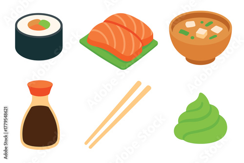 Sushi platter with salmon, miso soup, wasabi, and chopsticks. Set of 6 vector illustration
