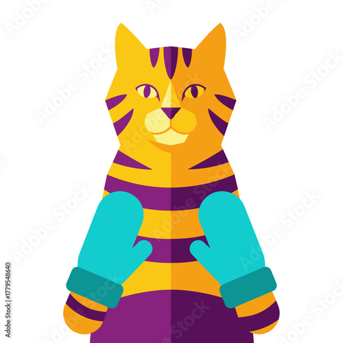 Colorful cartoon cat wearing teal mittens and smiling  