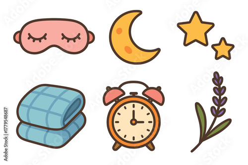 Sleep essentials for a restful night with soothing lavender and stars. Set of 6 vector illustration