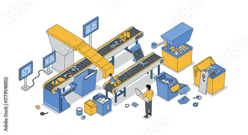 Automated recycling plant with conveyors and worker in isometric style