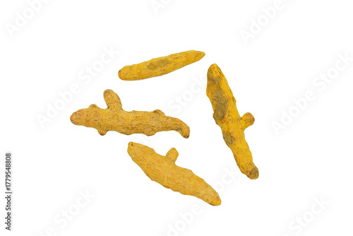Raw Turmeric Root (Curcuma Longa) Rhizomes on White Background.