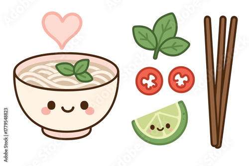 Cute noodle bowl with fresh ingredients and happy face design. Set of 6 vector illustration