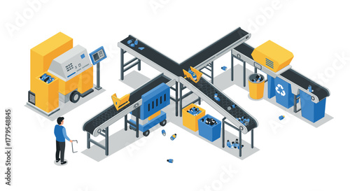 Efficient isometric recycling factory with conveyor system and worker