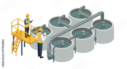 Engineers inspecting industrial water treatment tanks in isometric design