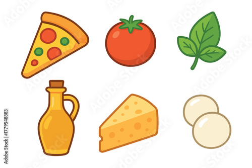 Fresh pizza ingredients for homemade cooking and Italian recipes. Set of 6 vector illustration