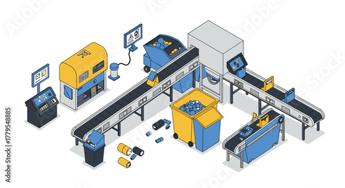 Automated recycling plant with conveyor belt and sorting machines in isometric design