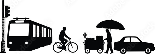Urban transportation silhouette, city mobility icons, tram, bicycle, street vendor, traffic light, car, public transport, commuting, black vector, editable illustration