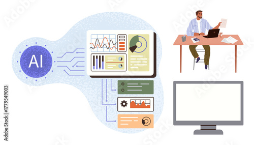 AI interface with charts, graphs, and diagrams connected to a professional analyzing documents at a desk. Ideal for innovation, technology, AI, research, productivity data science teamwork. A