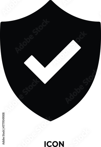 Security shield icon with checkmark, protection symbol for verified access, safe authentication, antivirus interface, cybersecurity UI element, digital approval badge