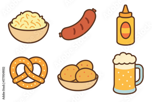 Tasty snacks and drinks for a fun gathering or celebration. Set of 6 vector illustration