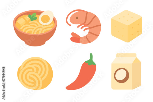 Colorful ramen ingredients for delicious Asian cuisine preparation. Set of 6 vector illustration