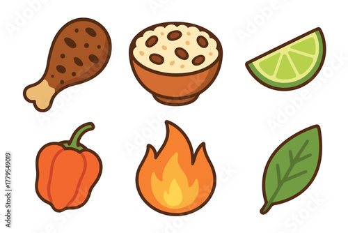 Cooking ingredients and symbols for a spicy meal preparation. Set of 6 vector illustration