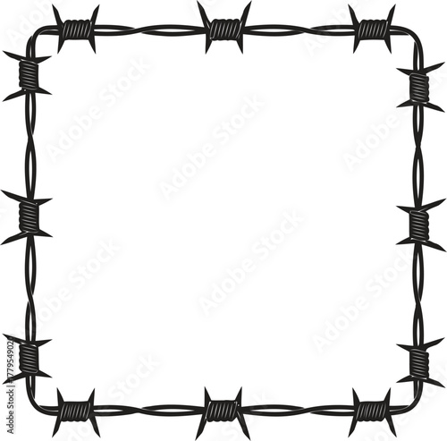 Square frame made of barbed wire with sharp spikes on a white background