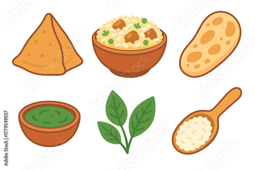 Indian cuisine assortment featuring samosas, rice, and chutney. Set of 6 vector illustration