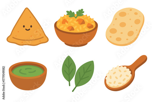 Delicious Indian cuisine featuring samosa, rice, and green sauce. Set of 6 vector illustration
