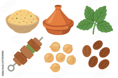 Traditional Moroccan cuisine with tagine, couscous, and spices. Set of 6 vector illustration