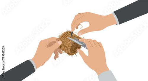 Hands cutting red tape with scissors in flat style