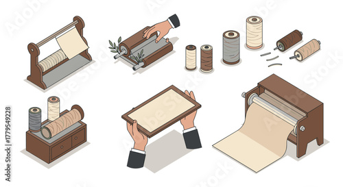 Crafting tools for papermaking and spooling in a modern workshop