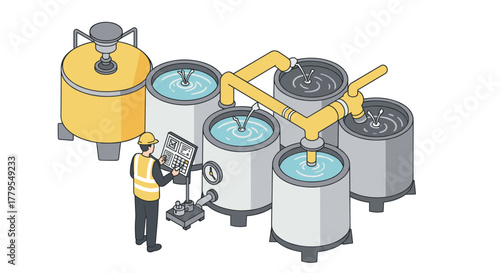 Isometric industrial worker operating machinery in brewing factory setting