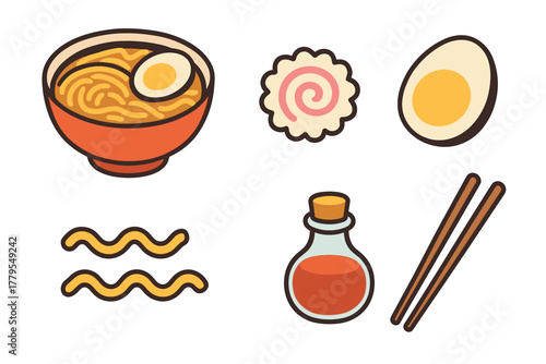 Ramen bowl with toppings and condiments for a delicious meal. Set of 6 vector illustration