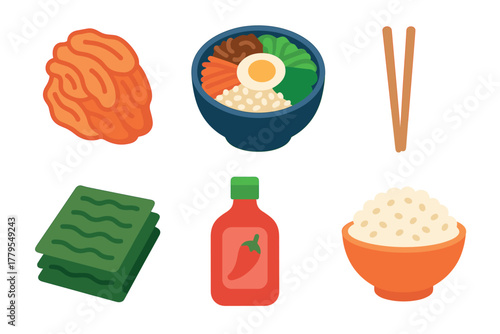 Colorful Asian dish with toppings and condiments for dining. Set of 6 vector illustration