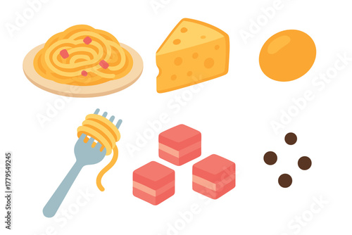 Tasty pasta meal with cheese, egg, desserts, and snacks. Set of 6 vector illustration