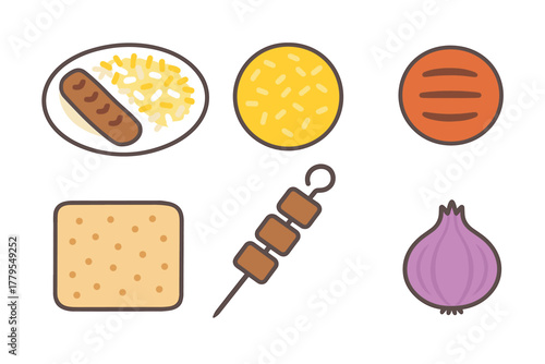 Tasty summer picnic food with grilled items and fresh ingredients. Set of 6 vector illustration